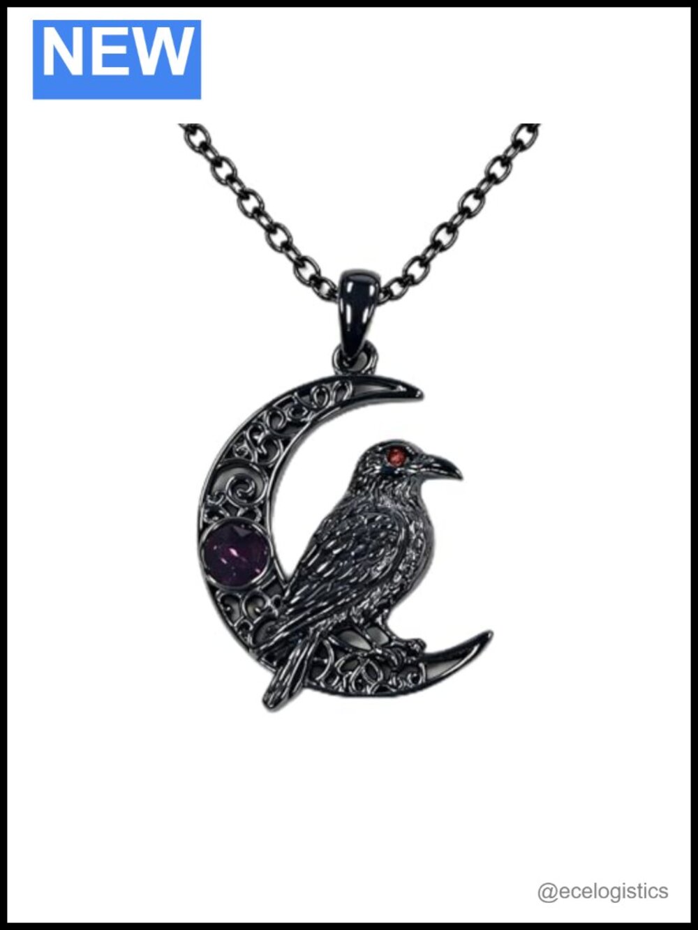 S925 Sterling Silver Raven Crescent Moon Amethyst Pendant Necklace